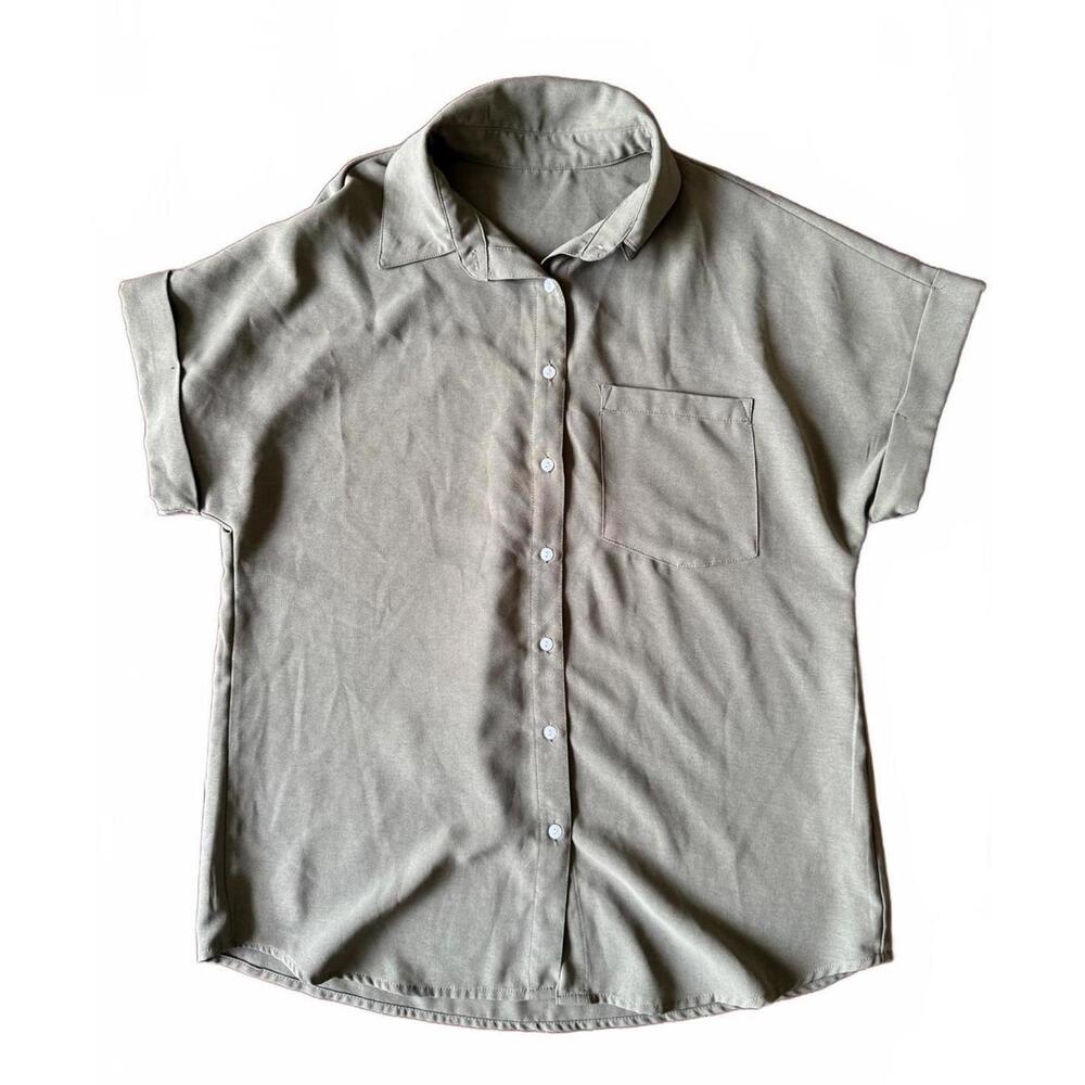 Olive Green Stylish Short Sleeve Button-Up Shirt